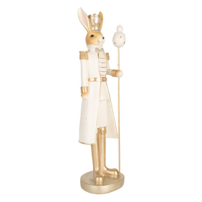 Decoratiune Pasti iepuras in costum crem auriu de ofiter cu sceptru, 47 cm