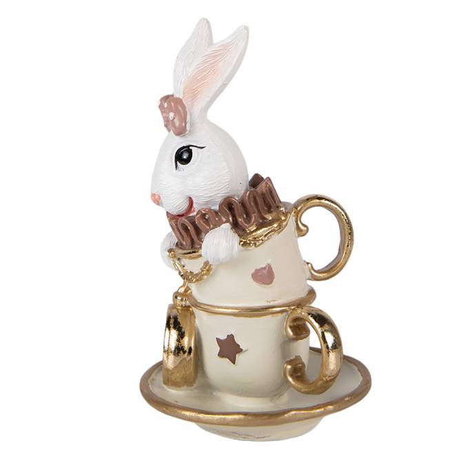 Decoratiune Pasti iepuras in cescuta crem aurie cu ceas, 14 cm