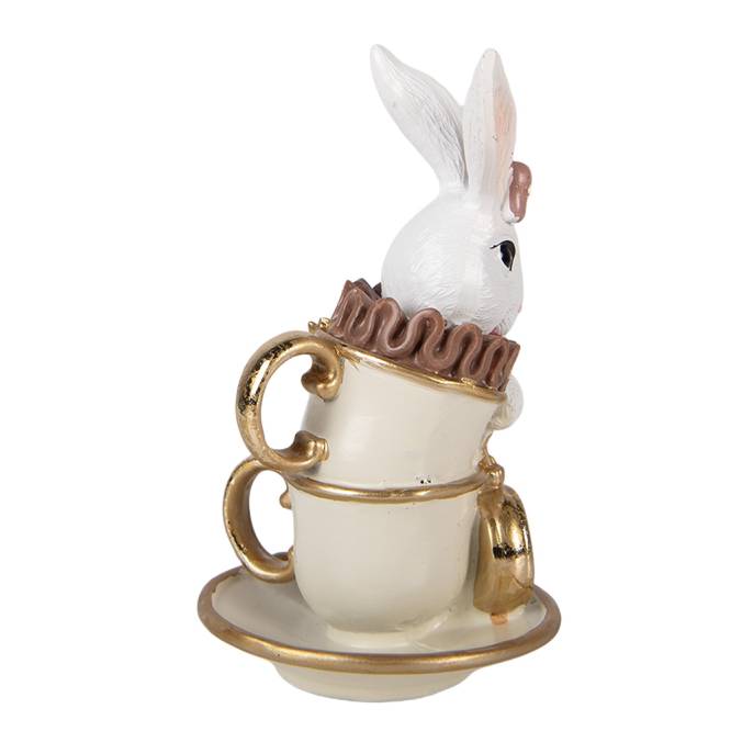 Decoratiune Pasti iepuras in cescuta crem aurie cu ceas, 14 cm