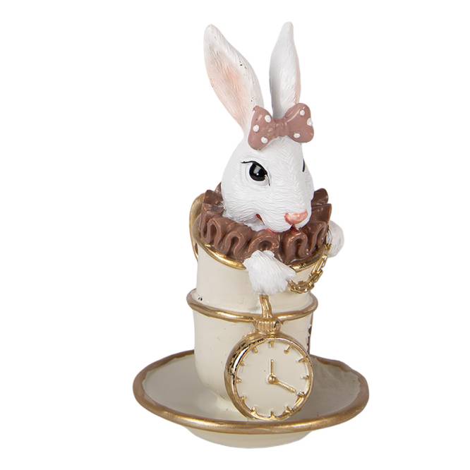 Decoratiune Pasti iepuras in cescuta crem aurie cu ceas, 14 cm
