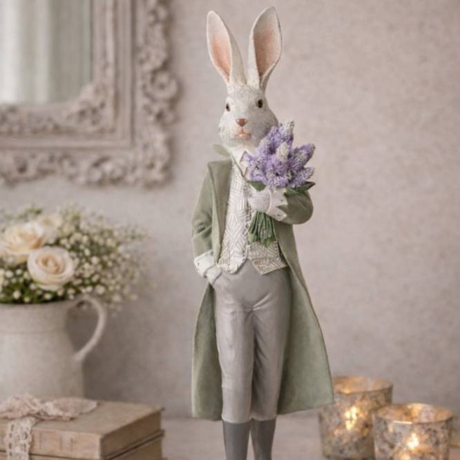 Decoratiune Pasti iepure elegant cu buchet de liliac, 53 cm