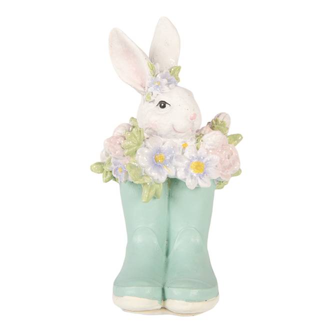 Decoratiune Pasti iepuras cu flori in cizmulite verzi, 15 cm