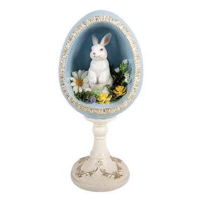 Decoratiune Pasti iepuras in rama ou cu suport decorata cu flori, 28 cm