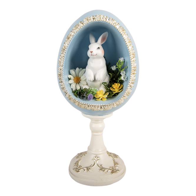 Decoratiune Pasti iepuras in rama ou cu suport decorata cu flori, 28 cm