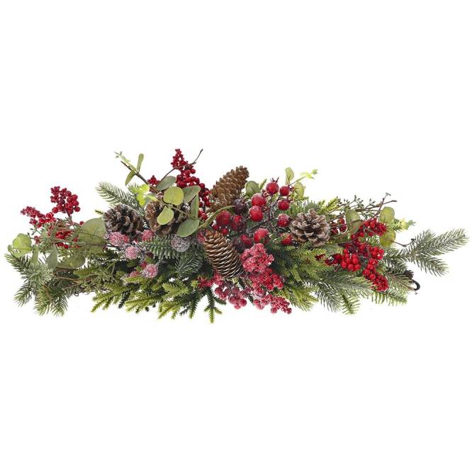 Decoratiune Craciun de atarnat din crengute, conuri si fructe de padure rosii, 60 cm