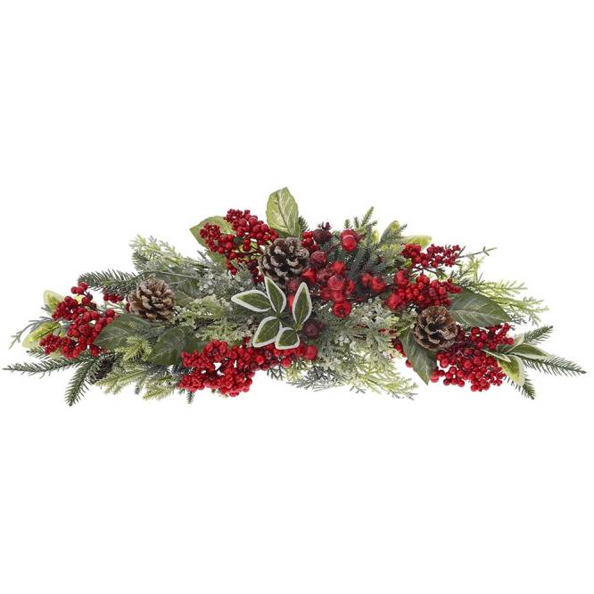 Decoratiune Craciun de atarnat din crengute, frunze, conuri si fructe de padure rosii, 60 cm