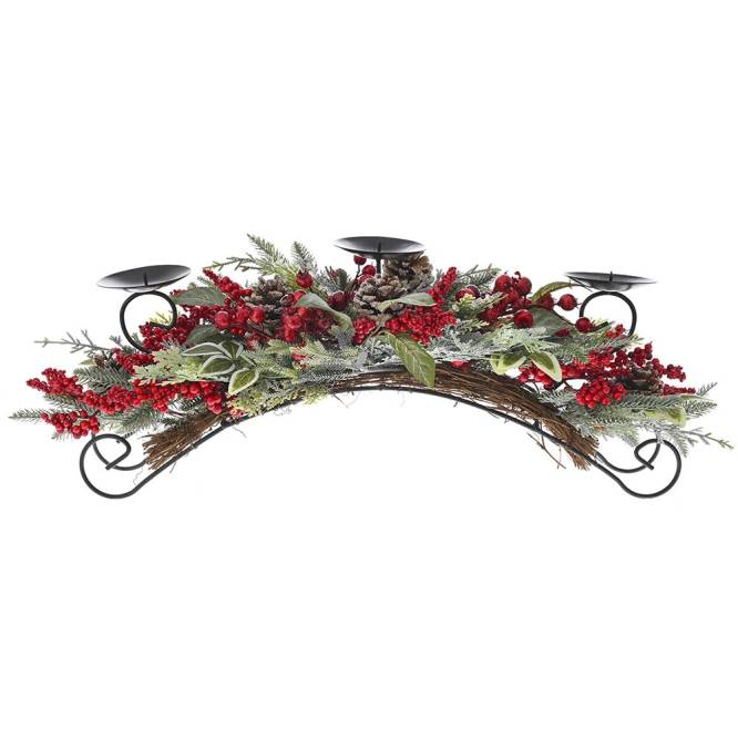 Decoratiune Craciun suport lumanari, cu crengute, frunze si fructe de padure rosii, 66 cm