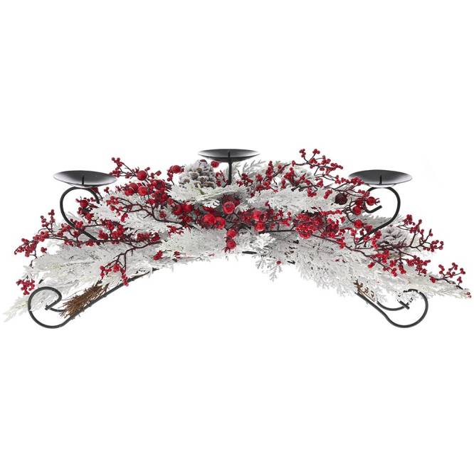 Decoratiune Craciun suport lumanari, cu crengute albe, conuri si fructe de padure rosii, 66 cm