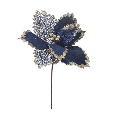 Decoratiune brad floare bleumarin cu sclipici argintiu, 30 cm