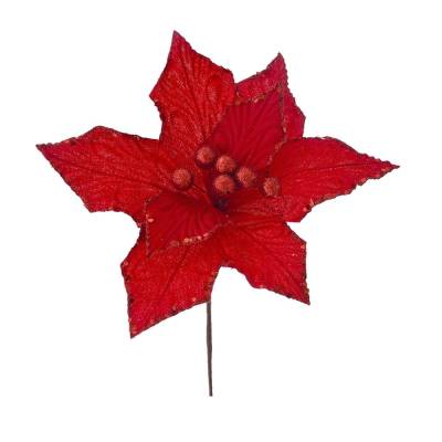 Decoratiune brad floare craciunita rosie cu sclipici, 20 cm