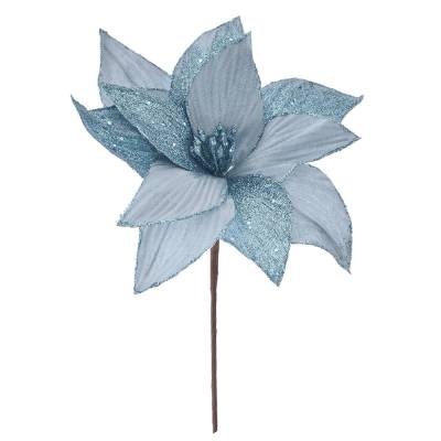 Decoratiune brad floare craciunita albastra deschis cu sclipici, 26 cm