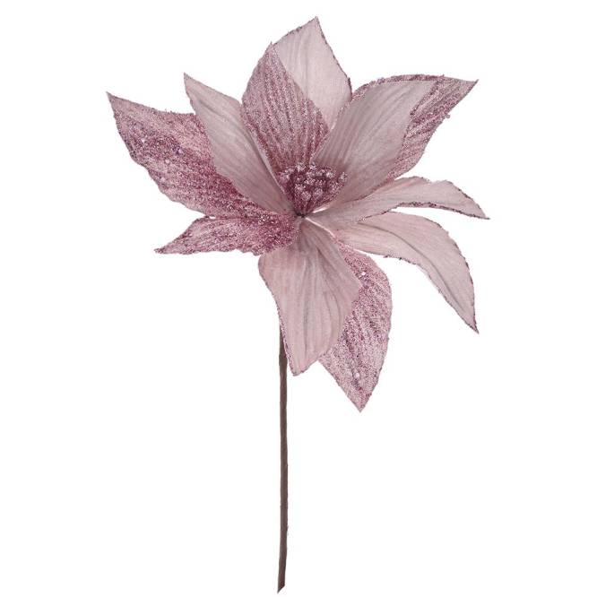 Decoratiune brad floare craciunita roz cu sclipici, 26 cm