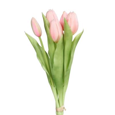 Buchet de 5 lalele artificiale cu aspect real, roz pal, 31 cm