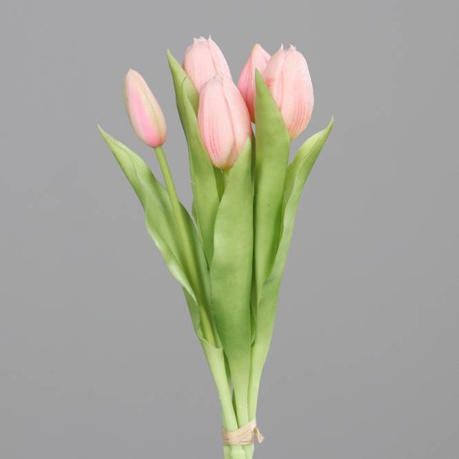 Buchet de 5 lalele artificiale cu aspect real, roz pal, 31 cm