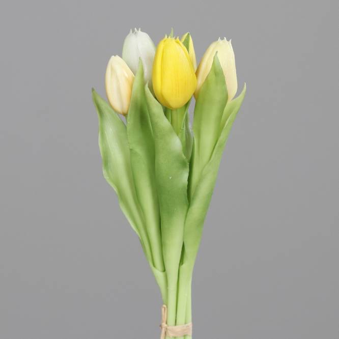 Buchet de 5 lalele artificiale cu aspect real, galbene si crem, 31 cm