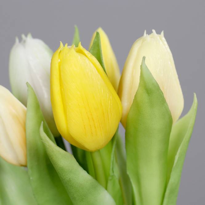 Buchet de 5 lalele artificiale cu aspect real, galbene si crem, 31 cm