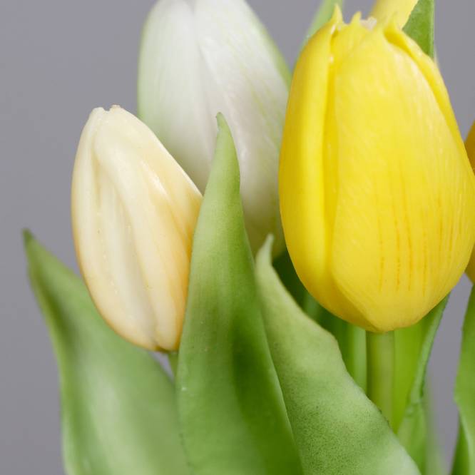 Buchet de 5 lalele artificiale cu aspect real, galbene si crem, 31 cm
