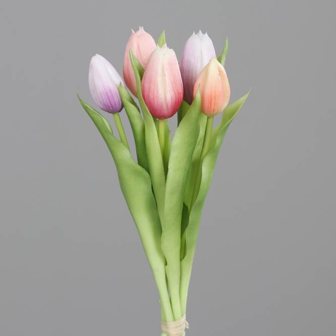 Buchet de 5 lalele artificiale cu aspect real, roz si mov, 31 cm