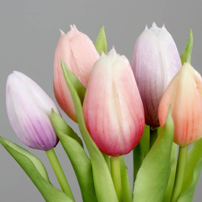 Buchet de 5 lalele artificiale cu aspect real, roz si mov, 31 cm