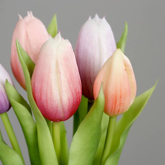 Buchet de 5 lalele artificiale cu aspect real, roz si mov, 31 cm