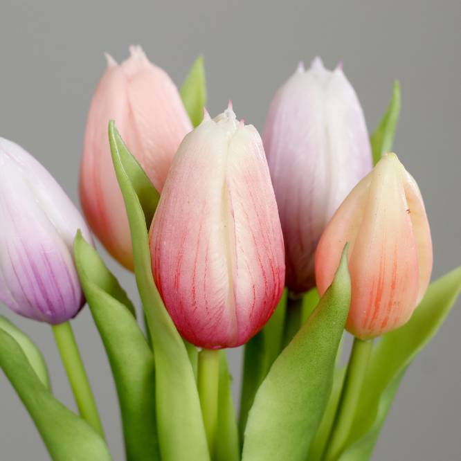 Buchet de 5 lalele artificiale cu aspect real, roz si mov, 31 cm