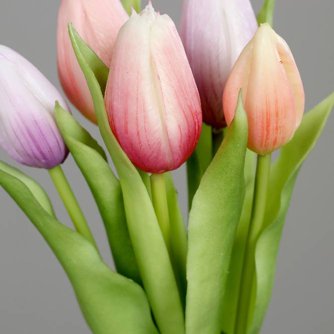 Buchet de 5 lalele artificiale cu aspect real, roz si mov, 31 cm