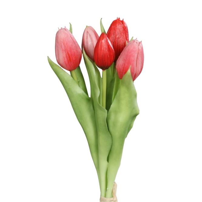 Buchet de 5 lalele artificiale cu aspect real, nuante de rosu, 31 cm