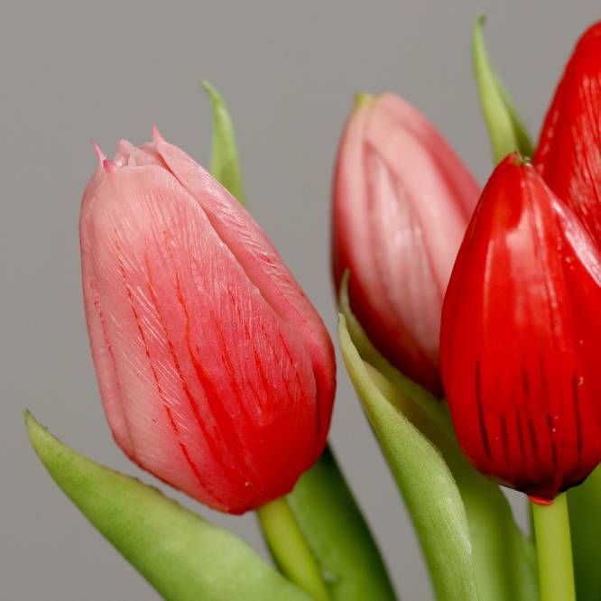 Buchet de 5 lalele artificiale cu aspect real, nuante de rosu, 31 cm