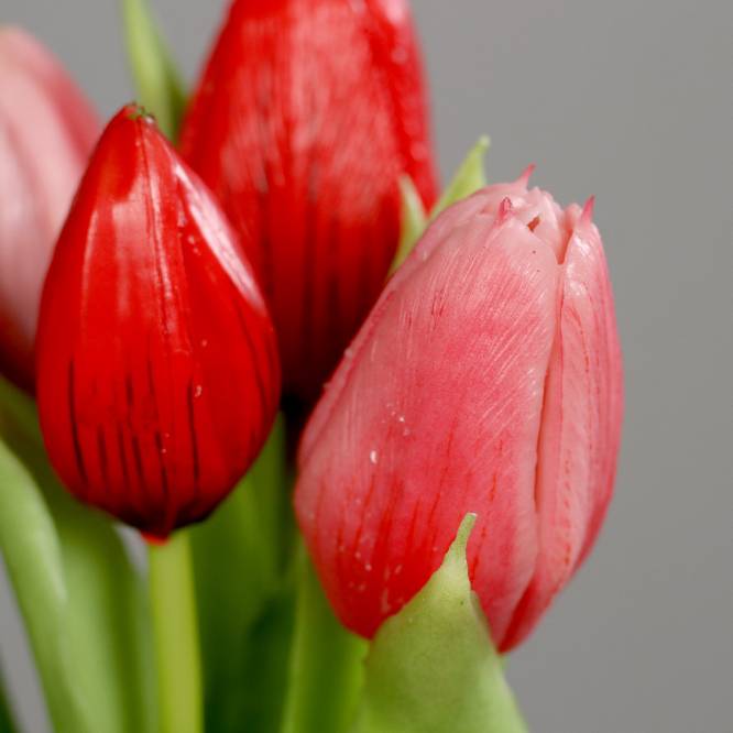 Buchet de 5 lalele artificiale cu aspect real, nuante de rosu, 31 cm