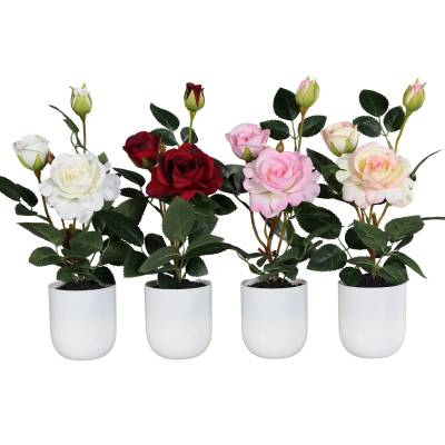 Trandafir artificial in ghiveci de plastic alb, 33 cm