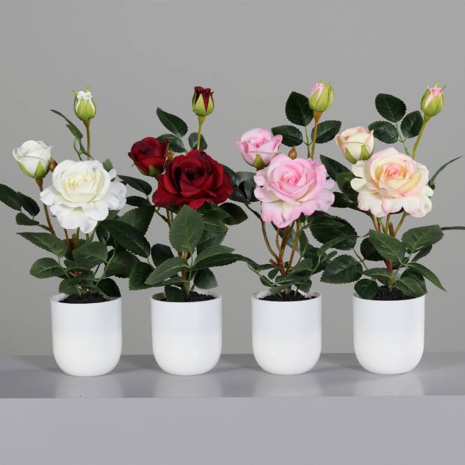 Trandafir artificial in ghiveci de plastic alb, 33 cm