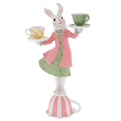 Decoratiune Pasti, Doamna Iepuras cu suport pentru 2 lumanari, 40 cm