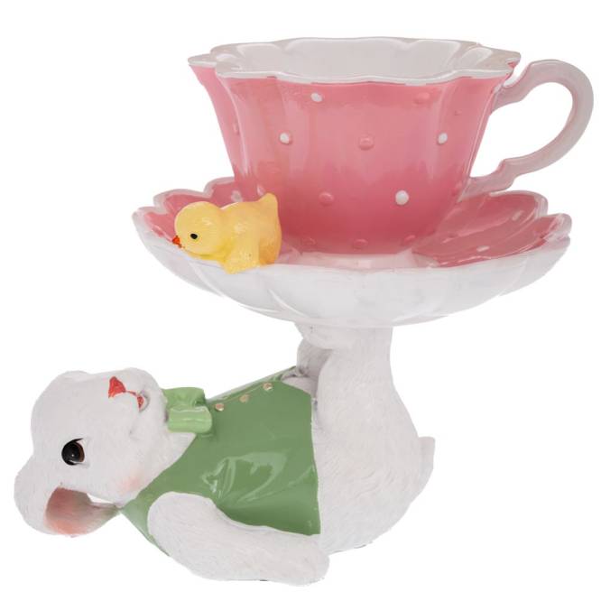 Decoratiune Pasti, iepuras cu o cescuta roz pentru bombonele, 16 cm