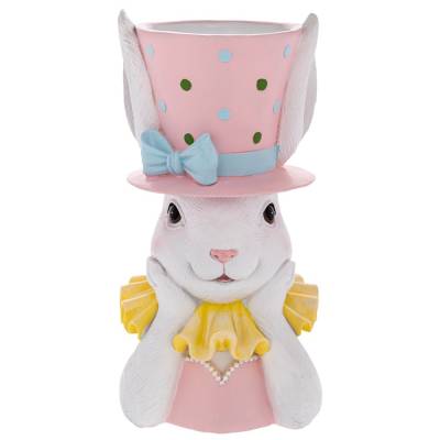 Decoratiune Pasti, Doamna Iepuras cu suport pentru ghiveci de flori, 33 cm