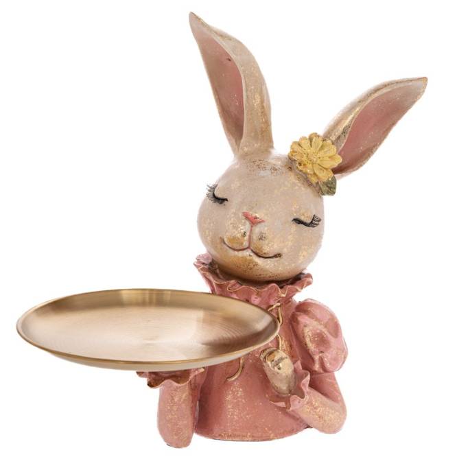 Decoratiune Pasti, Doamna Iepuras cu platou pentru dulciuri, model auriu antichizat, 30 cm