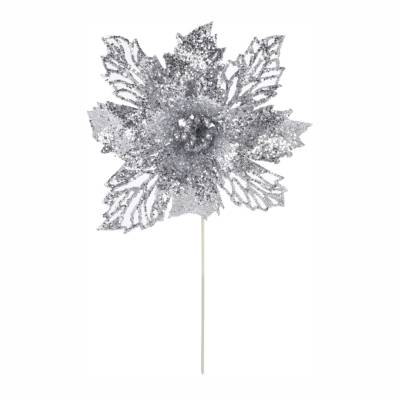 Decoratiune brad floare argintie cu sclipici 21 cm