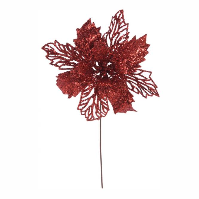 Decoratiune brad floare rosie cu sclipici 21 cm