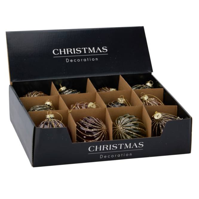 Set 12 globuri din sticla, rosii, aurii si verzi, tranparente cu sclipici, diametru 8 cm