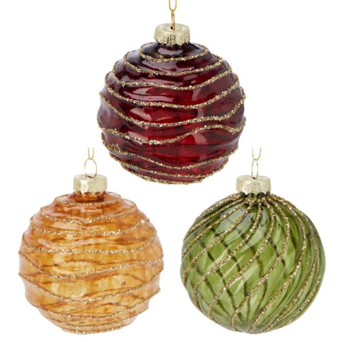 Set 12 globuri din sticla, rosii, aurii si verzi, tranparente cu sclipici, diametru 8 cm