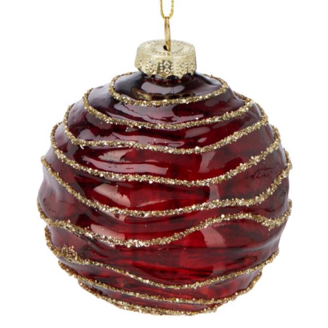 Set 12 globuri din sticla, rosii, aurii si verzi, tranparente cu sclipici, diametru 8 cm