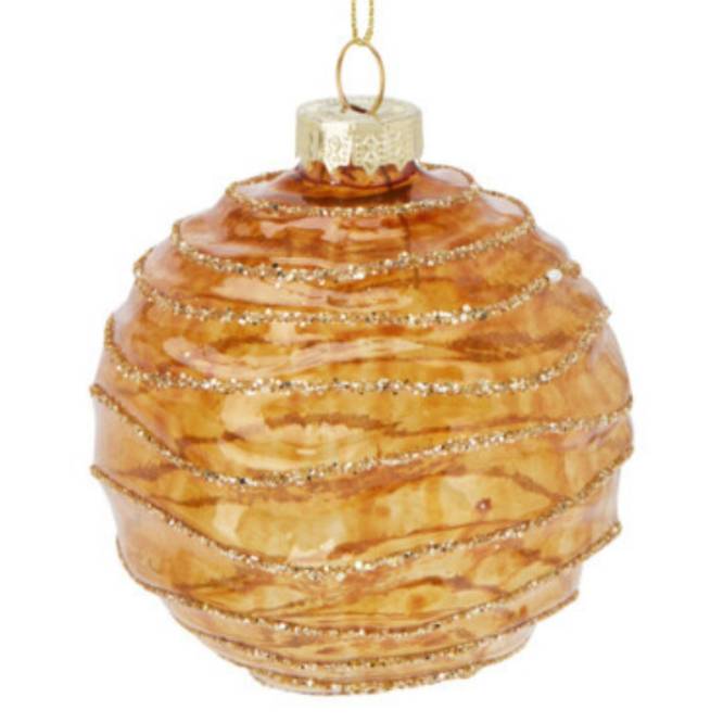 Set 12 globuri din sticla, rosii, aurii si verzi, tranparente cu sclipici, diametru 8 cm