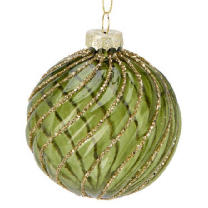 Set 12 globuri din sticla, rosii, aurii si verzi, tranparente cu sclipici, diametru 8 cm