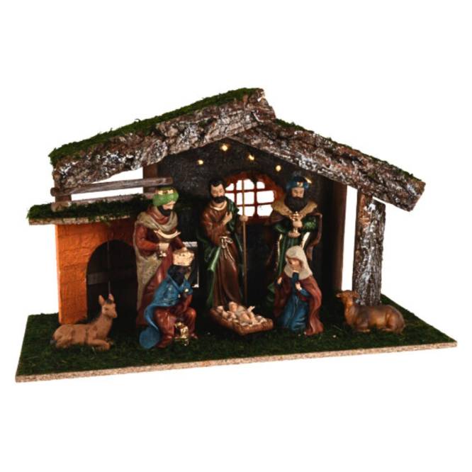 Decoratiune de Craciun scena nativa cu LED cu 8 figurine, 30 x 18 cm