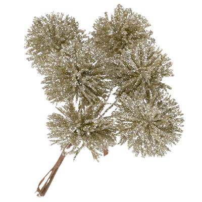 Decoratiune brad, buchetel de 6 flori de echinops auriu-argintiu cu sclipici, 14 cm