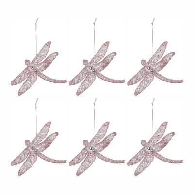 Set 6 decoratiuni brad Libelula roz cu sclipici 17 cm