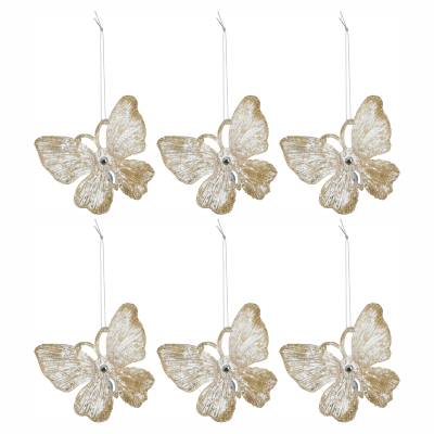 Set 6 decoratiuni brad Fluture auriu cu sclipici 15 cm
