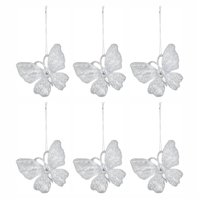 Set 6 decoratiuni brad Fluture argintiu cu sclipici 15 cm