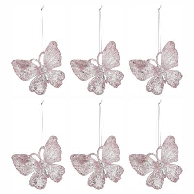Set 6 decoratiuni brad Fluture roz cu sclipici 15 cm