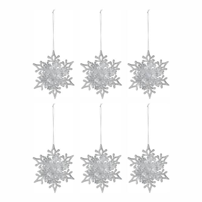 Set sase decoratiuni fulgi argintii pentru brad 11 cm
