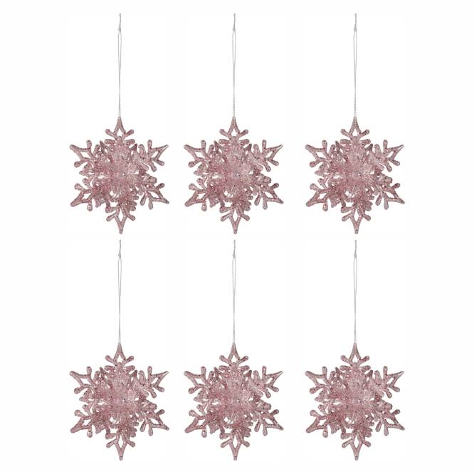 Set sase decoratiuni fulgi roz pentru brad 11 cm